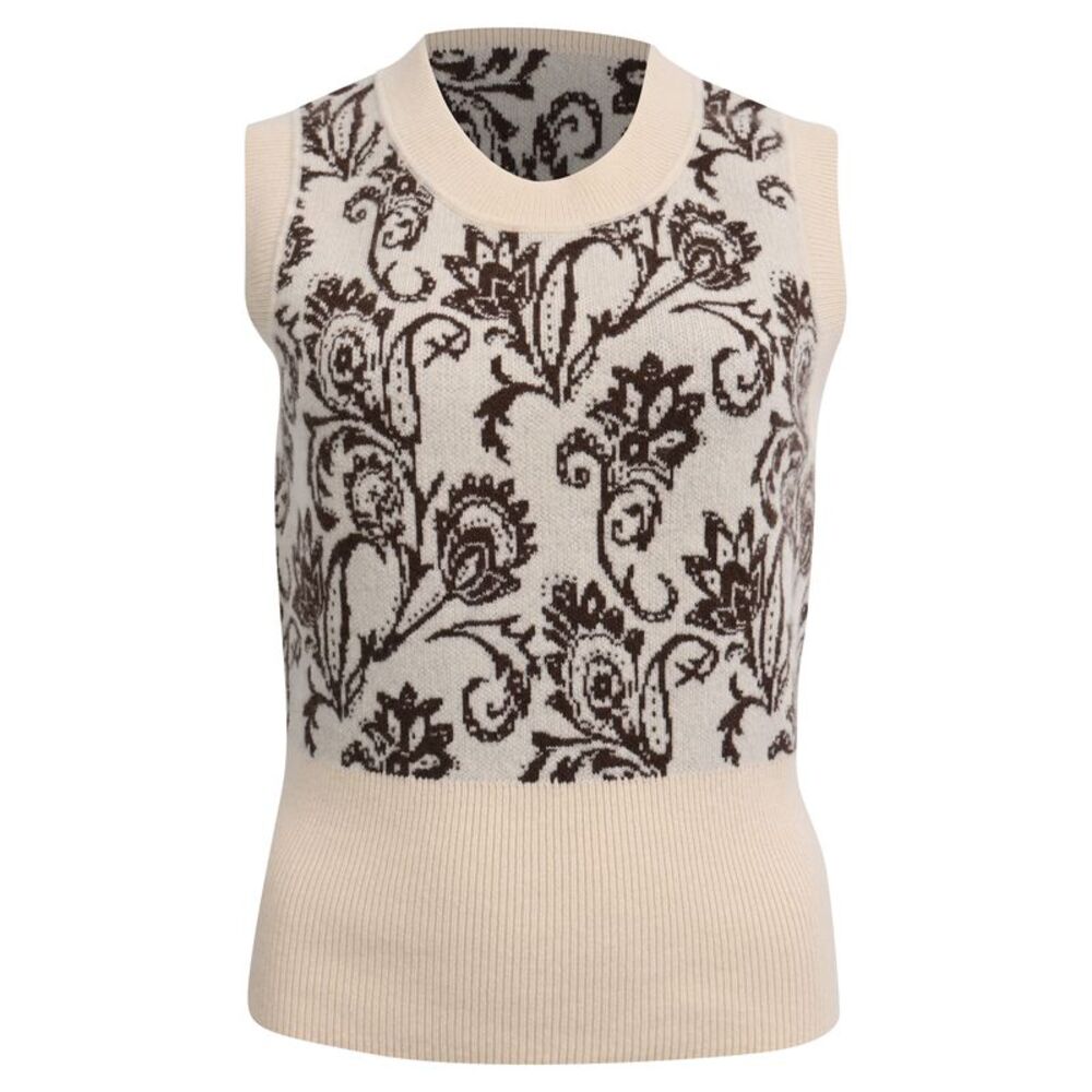 Sandro Paris Sleeveless Paisley Print Knitted Vest in Beige Wool